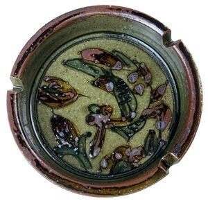 Vintage MCM Otagiri Stoneware Handmade Ashtray Trinket Holder With Floral Motif